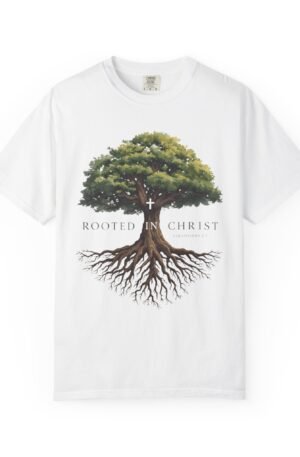 Rooted in Christ Tree T-Shirt — Christian Faith Tee with Cross & Roots