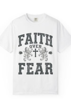 Faith Over Fear T-Shirt — Christian Inspirational Tee with Cross and Lions